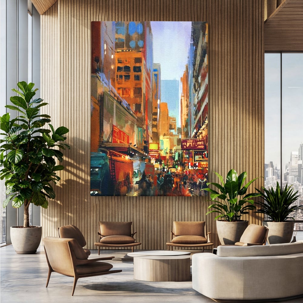 Tablou canvas cu pictura urbana cu strada din new york, fara rama, pe sasiu de lemn, pe perete intr-un birou